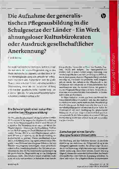 Vorschauseite 1: Die Aufnahme der generalistischen Pflegeausbildung in die Schulgesetze der Länder - Ein Werk ahnungsloser Kultusbürokraten oder Ausdruck gesellschaftlicher Anerkennung?