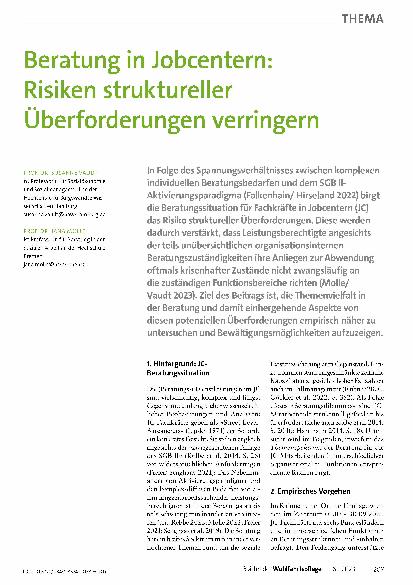 Vorschauseite 1: Beratung in Jobcentern: Risiken struktureller Überforderungen verringern