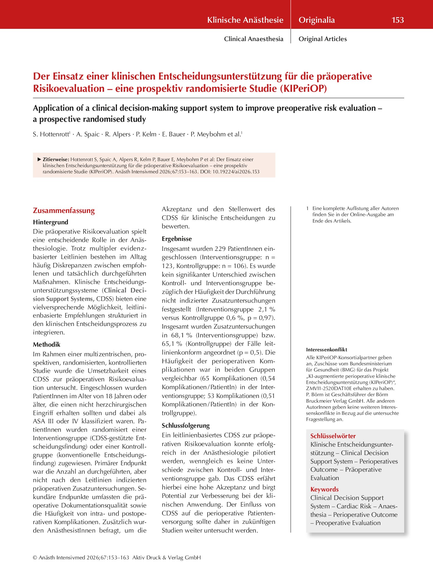 Vorschauseite 1: Der Einsatz einer klinischen Entscheidungsunterstützung für die präoperative Risikoevaluation – eine prospektiv randomisierte Studie (KIPeriOP)
