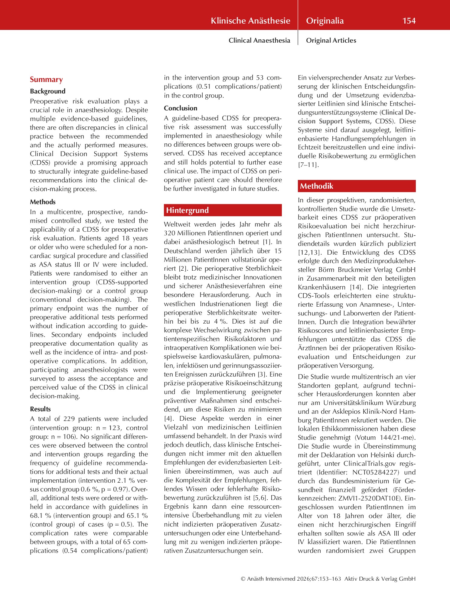 Vorschauseite 2: Der Einsatz einer klinischen Entscheidungsunterstützung für die präoperative Risikoevaluation – eine prospektiv randomisierte Studie (KIPeriOP)