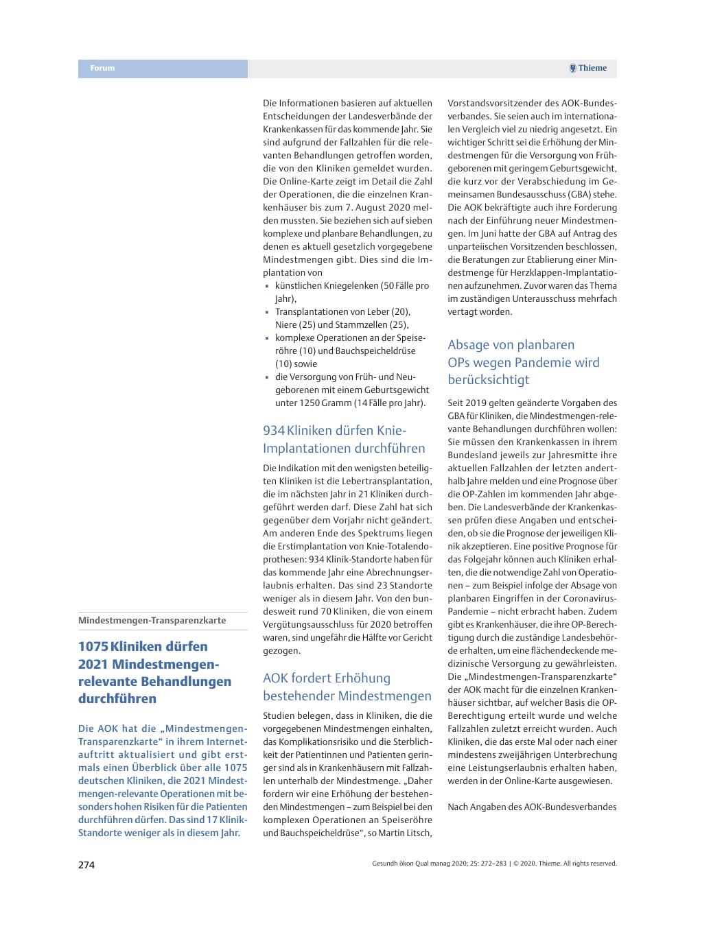 Vorschauseite 1: 1075 Kliniken dürfen 2021 Mindestmengen-relevante Behandlungen durchführen.