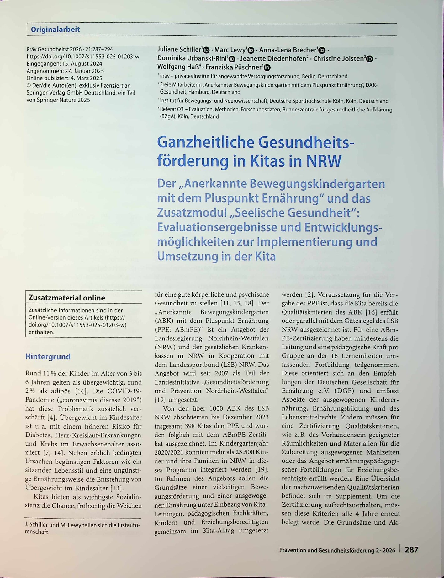 Vorschauseite 1: Ganzheitliche Gesundheitsförderung in Kitas in NRW. Der „Anerkannte Bewegungskindergarten mit dem Pluspunkt Ernährung“ und das Zusatzmodul „Seelische Gesundheit“: Evaluationsergeb…