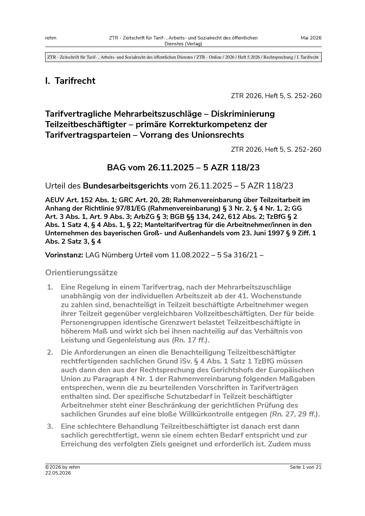 Vorschauseite 1: Tarifvertragliche Mehrarbeitszuschläge – Diskriminierung Teilzeitbeschäftigter – primäre Korrekturkompetenz der Tarifvertragsparteien – Vorrang des Unionsrechts