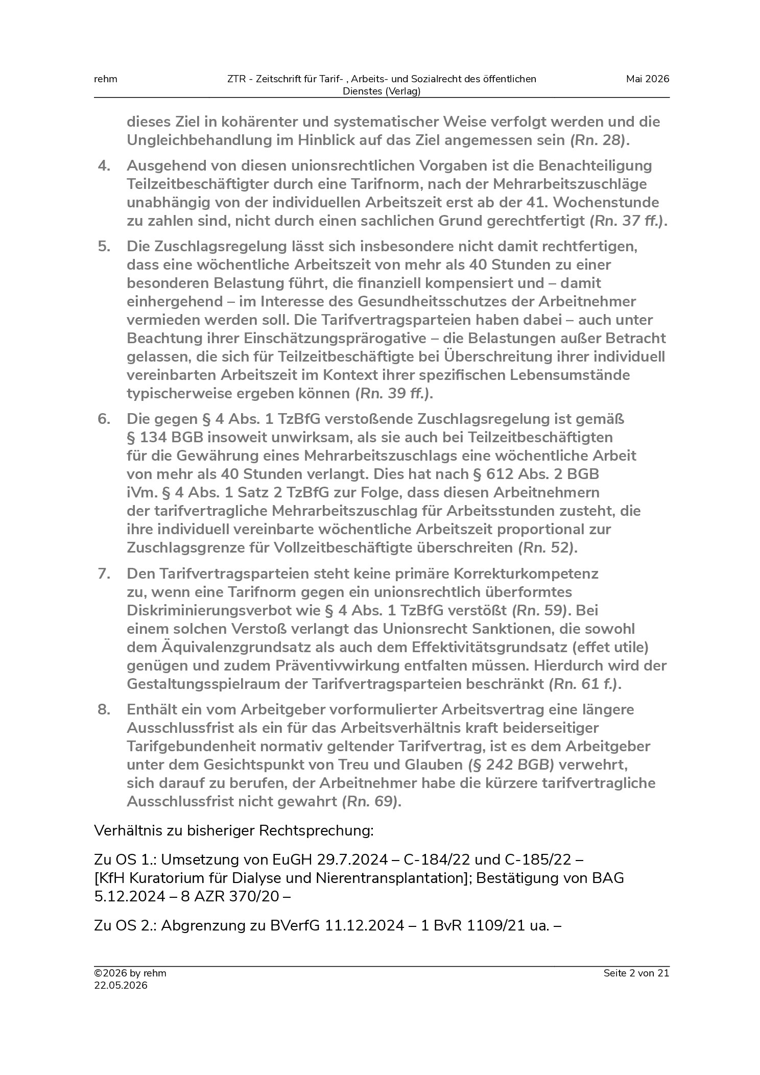 Vorschauseite 2: Tarifvertragliche Mehrarbeitszuschläge – Diskriminierung Teilzeitbeschäftigter – primäre Korrekturkompetenz der Tarifvertragsparteien – Vorrang des Unionsrechts