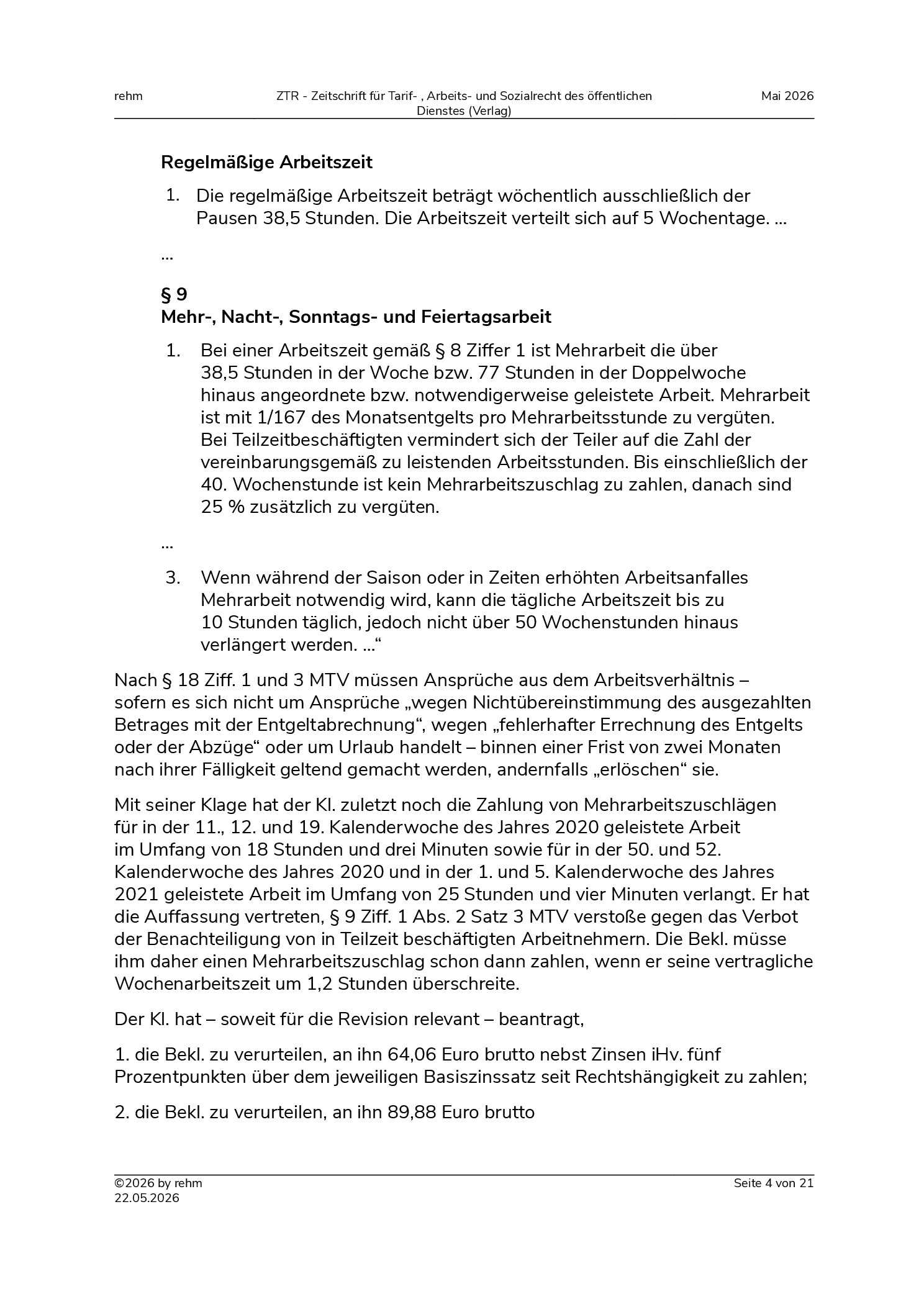 Vorschauseite 4: Tarifvertragliche Mehrarbeitszuschläge – Diskriminierung Teilzeitbeschäftigter – primäre Korrekturkompetenz der Tarifvertragsparteien – Vorrang des Unionsrechts