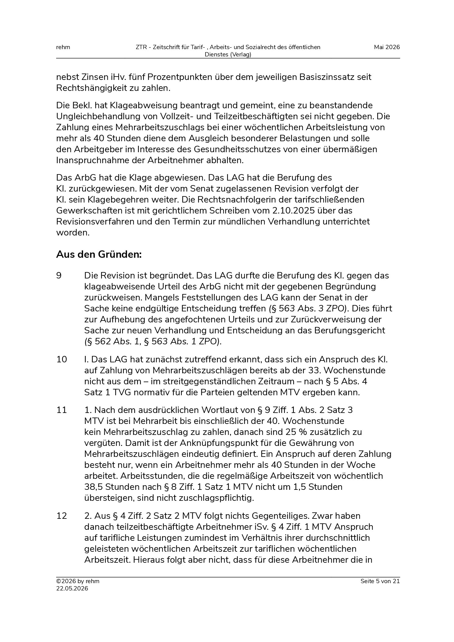 Vorschauseite 5: Tarifvertragliche Mehrarbeitszuschläge – Diskriminierung Teilzeitbeschäftigter – primäre Korrekturkompetenz der Tarifvertragsparteien – Vorrang des Unionsrechts
