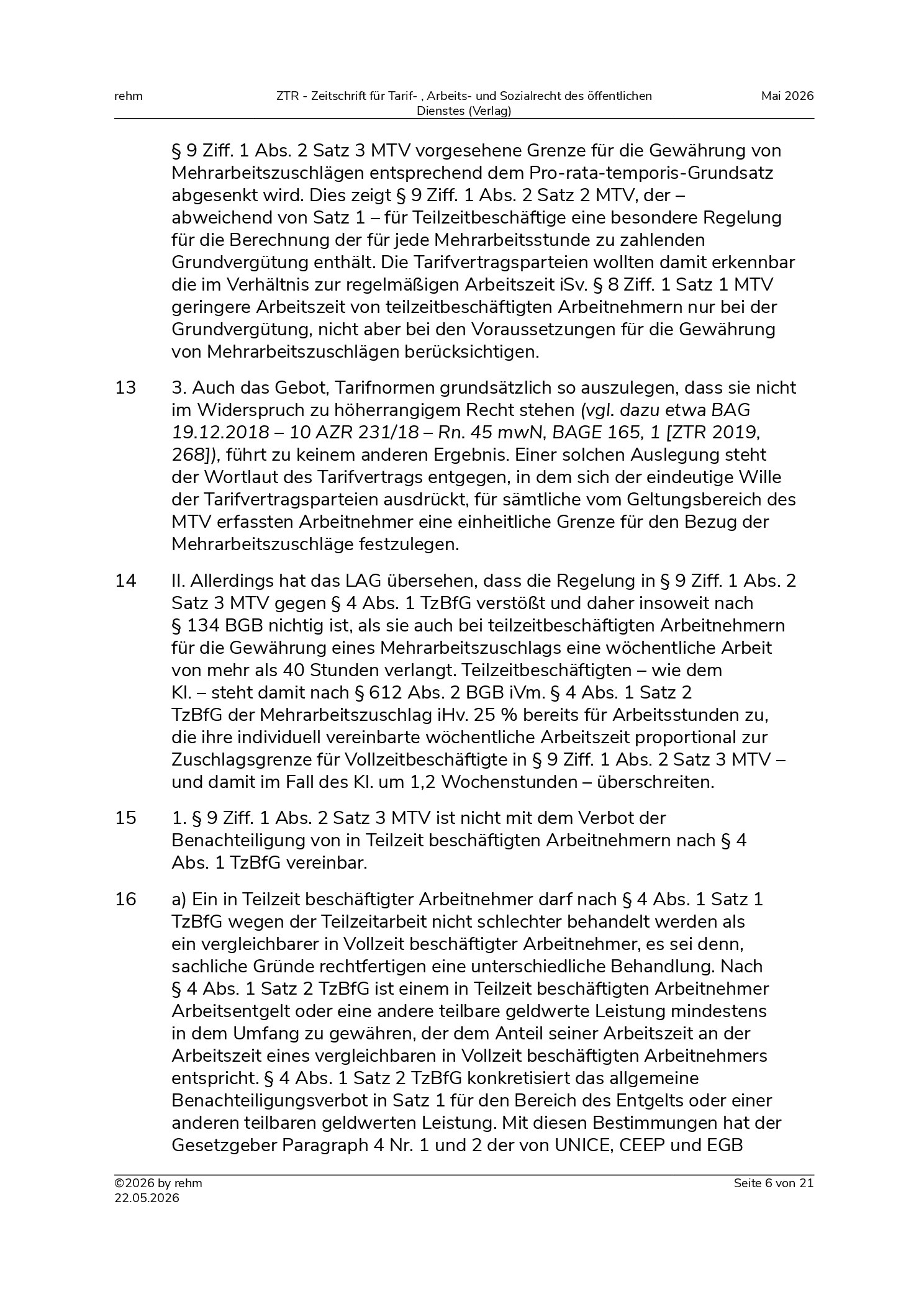 Vorschauseite 6: Tarifvertragliche Mehrarbeitszuschläge – Diskriminierung Teilzeitbeschäftigter – primäre Korrekturkompetenz der Tarifvertragsparteien – Vorrang des Unionsrechts