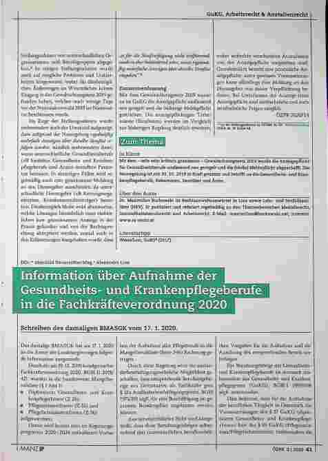 Vorschauseite 1: Information über Aufnahme der Gesundheitsund Krankenpflegeberufe in die Fachkräfteverordnung 2020