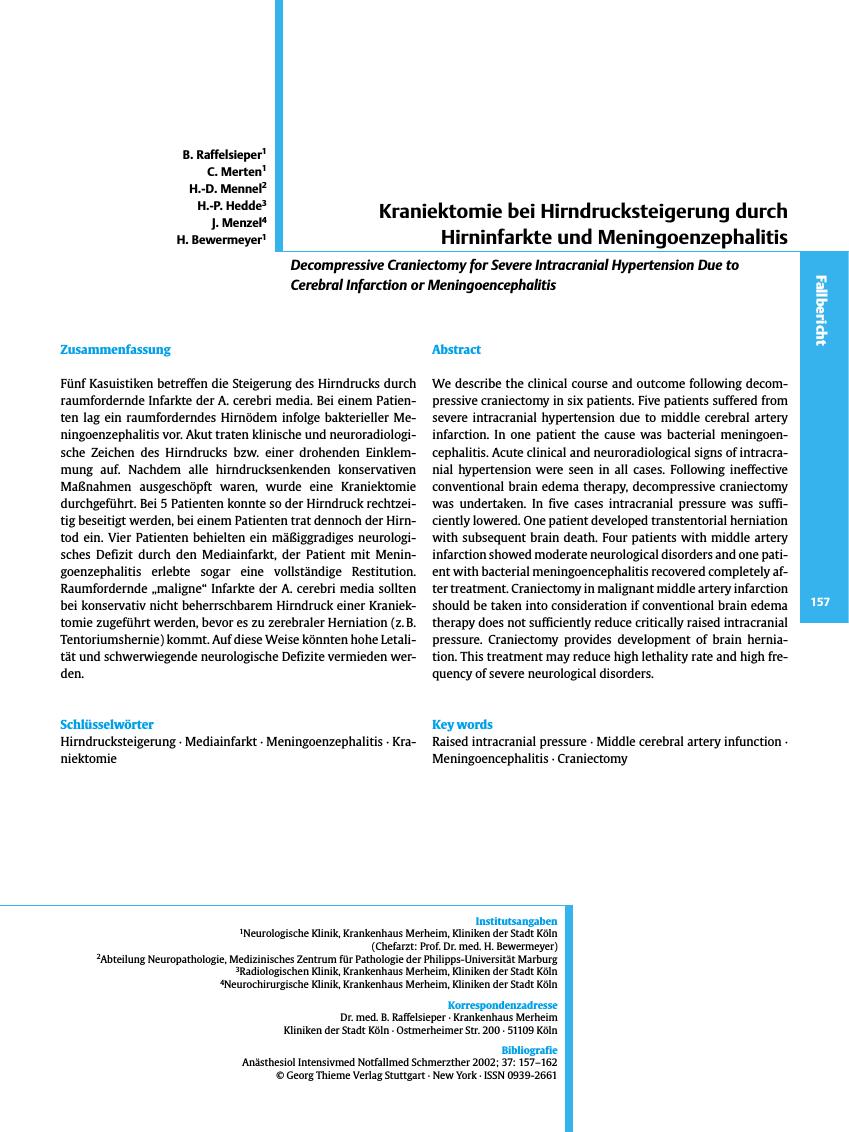 Vorschauseite 1: Kraniektomie bei Hirndrucksteigerung durch Hirninfarkte und Meningoenzephalitis