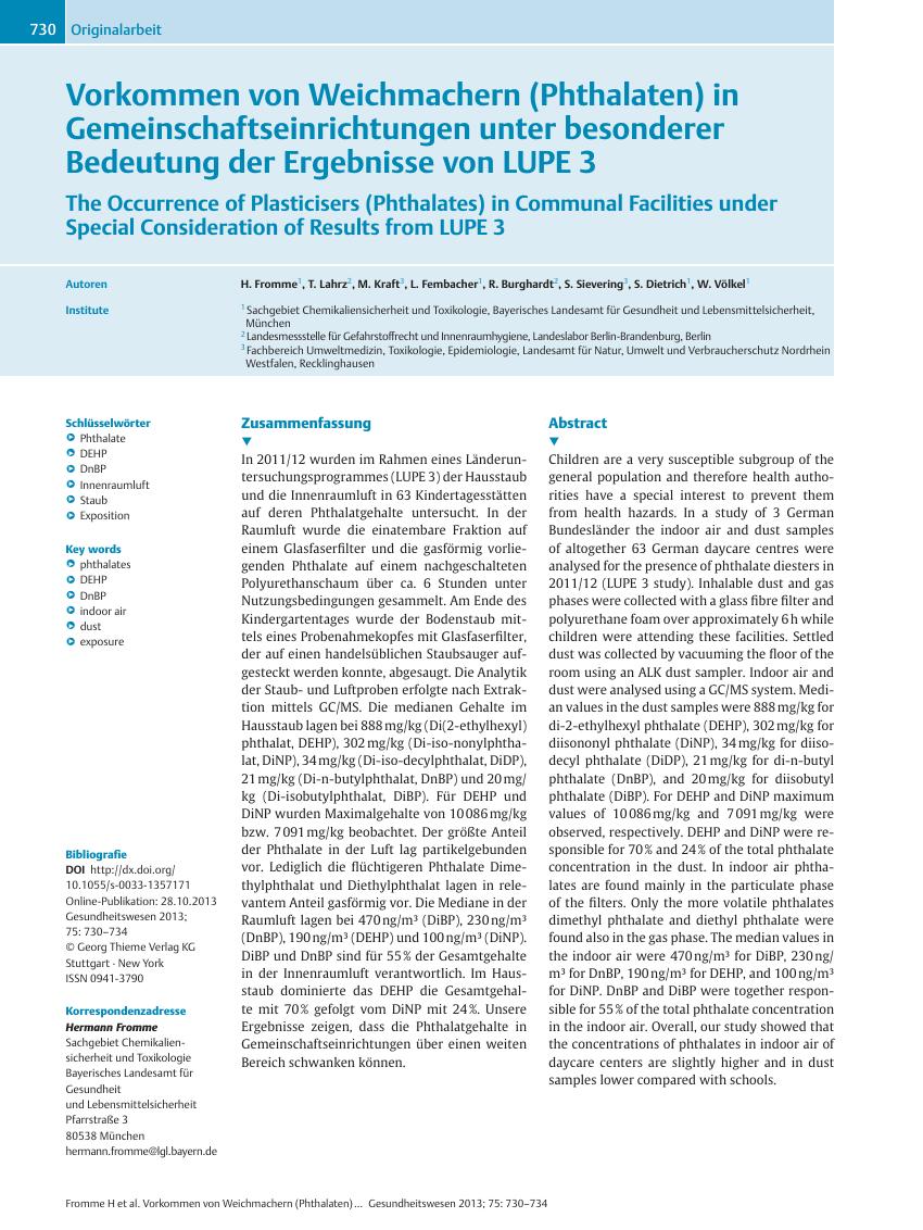 Vorschauseite 1: Vorkommen von Weichmachern (Phthalaten) in Gemeinschaftseinrichtungen unter besonderer Bedeutung der Ergebnisse von LUPE 3
