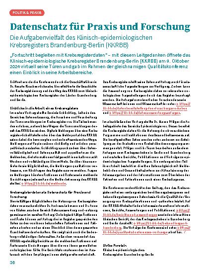 Vorschauseite 1: Datenschatz für Praxis und Forschung Die Aufgabenvielfalt des Klinisch-epidemiologischen Krebsregisters Brandenburg-Berlin (KKRBB)