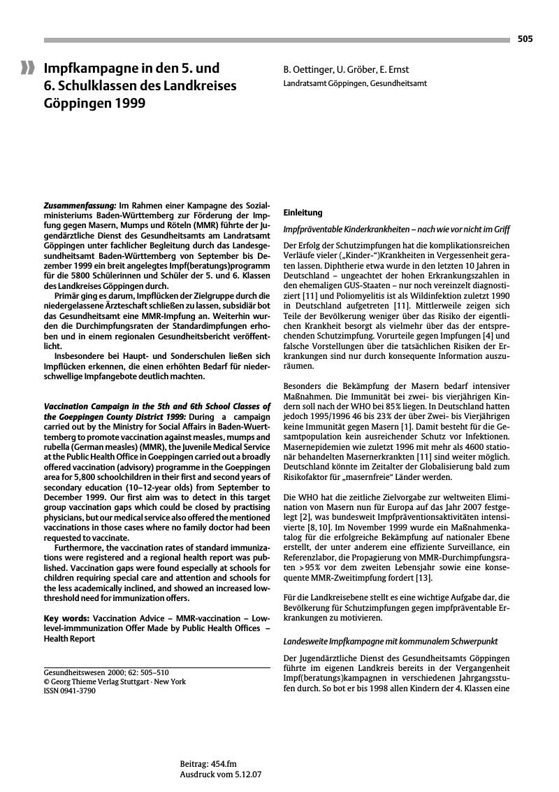 Vorschauseite 1: Impfkampagne in den 5. und 6. Schulklassen des Landkreises Göppingen 1999