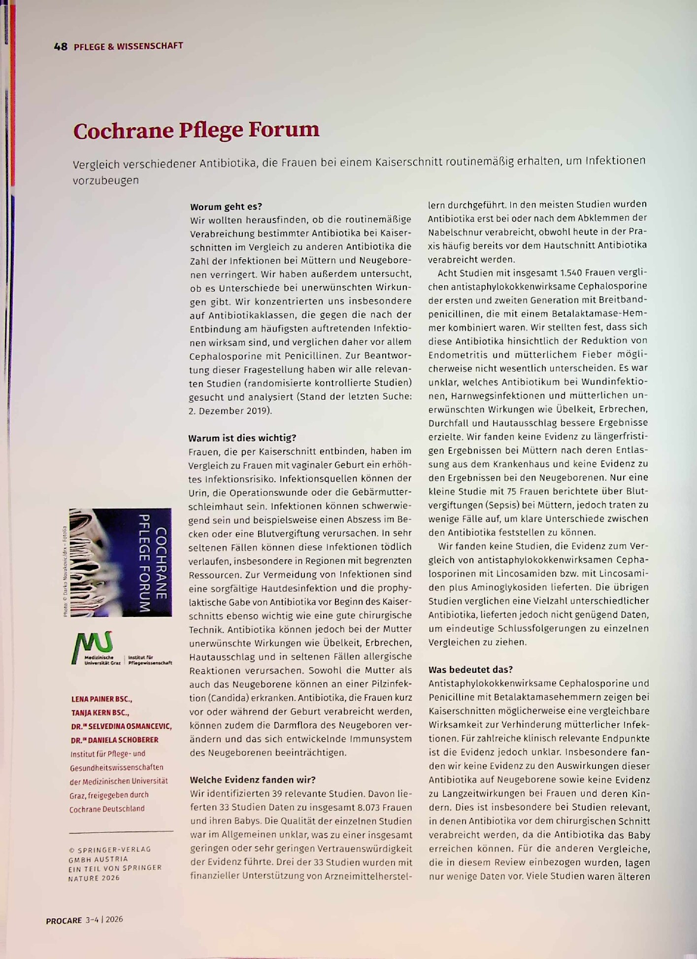 Vorschauseite 1: Vergleich verschiedener Antibiotika, die Frauen bei einem Kaiserschnitt routinemäßig erhalten, um Infektionen vorzubeugen