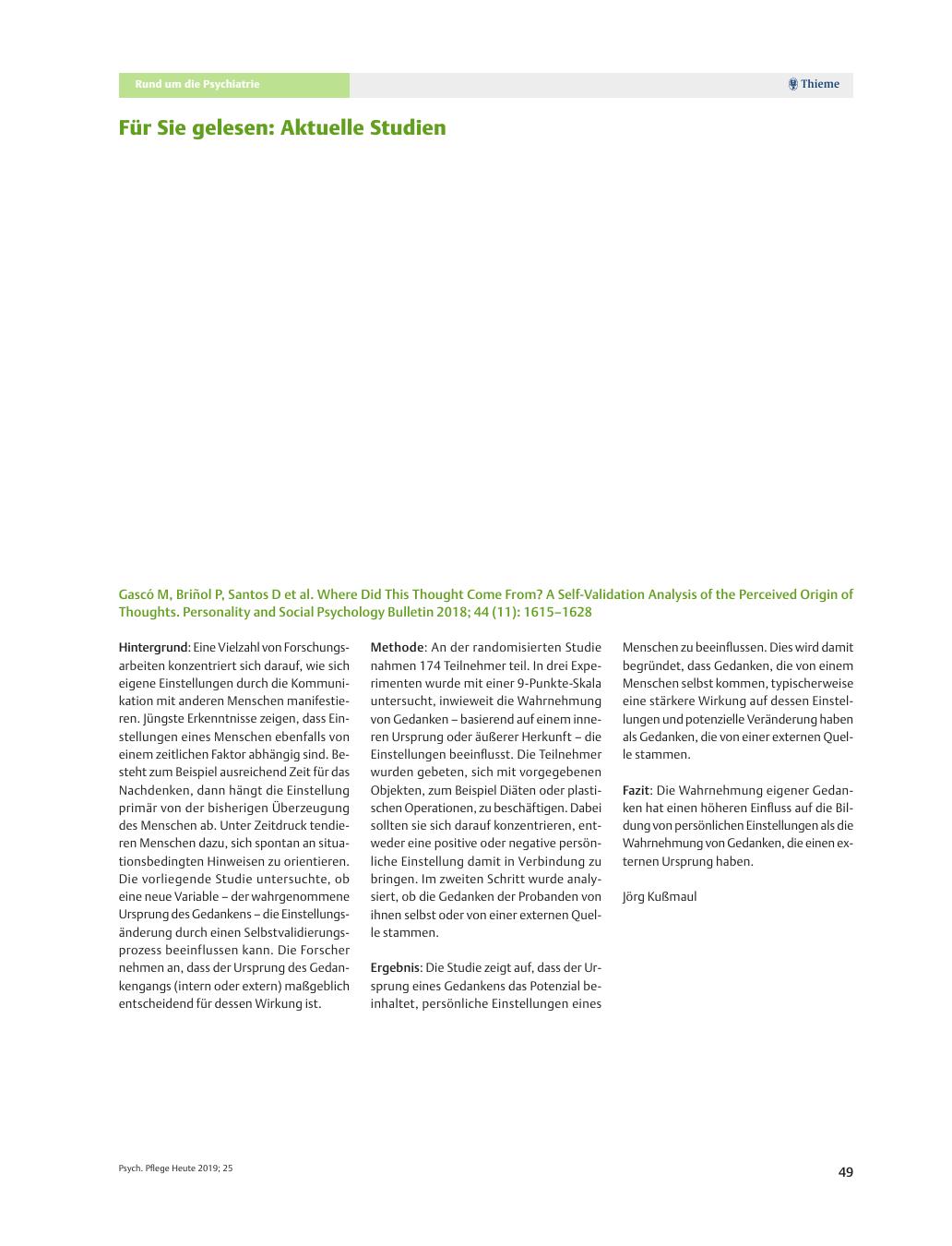 Vorschauseite 1: Für Sie gelesen: Aktuelle Studien: Gascó M, Briñol P, Santos D et al. Where Did This Thought Come From? A Self-Validation Analysis of the Perceived Origin of Thoughts. Personality…