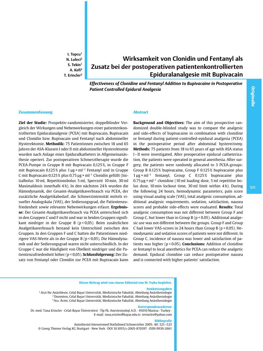 Vorschauseite 1: Wirksamkeit von Clonidin und Fentanyl als Zusatz bei der postoperativen patientenkontrollierten Epiduralanalgesie mit Bupivacain