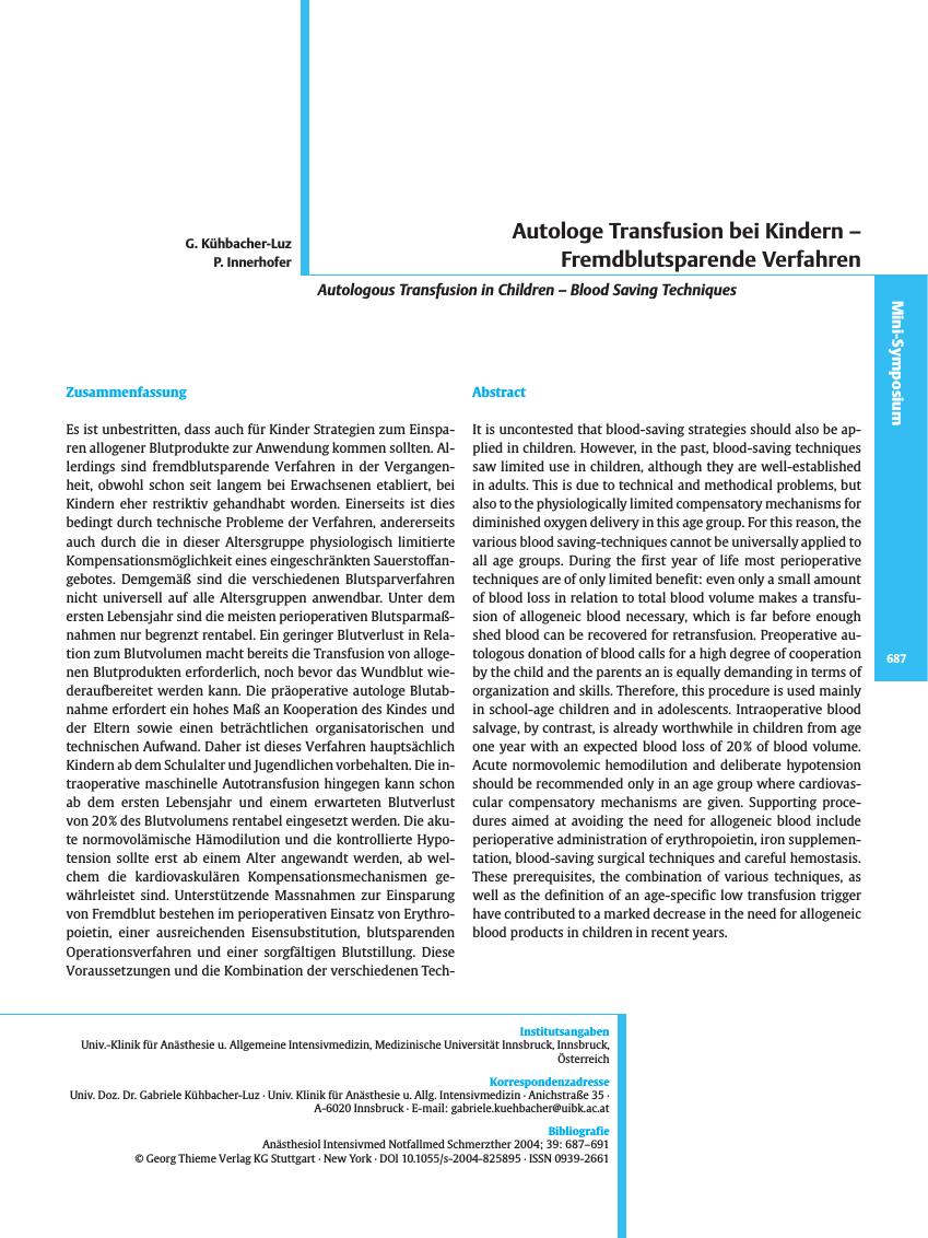 Vorschauseite 1: 3. Internationales Symposium: „Autologe Transfusion - Von der Euphorie zur Ratio: Praktisches Handeln aus wissenschaftlicher Sicht” (Teil II)Autologe Transfusion bei Kindern - Fre…
