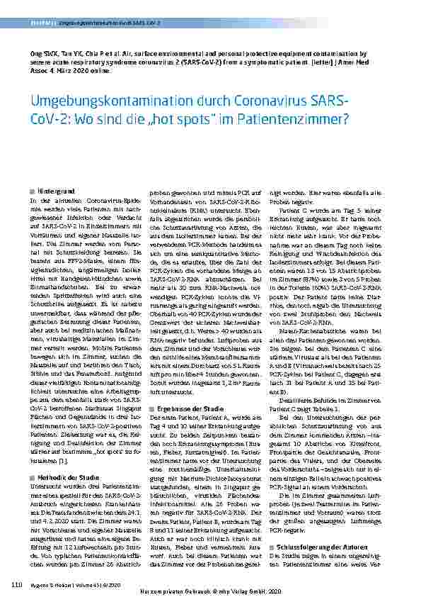 Vorschauseite 1: Umgebungskontamination durch Coronavirus SARS-CoV-2: Wo sind die „hot spots“ im Patientenzimmer?