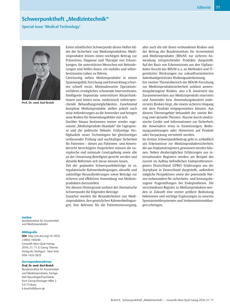 Vorschauseite 1: Schwerpunktheft „Medizintechnik“