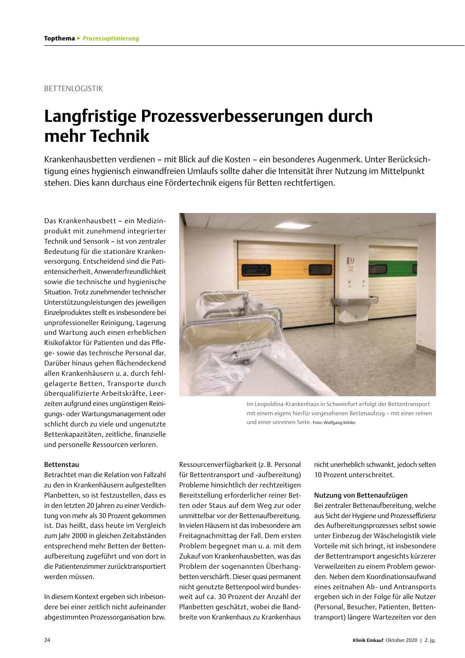 Vorschauseite 1: Bettenlogistik: Langfristige Prozessverbesserungen durch mehr Technik