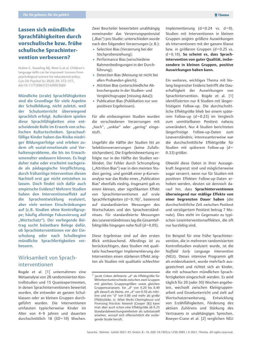 Vorschauseite 1: Lassen sich mündliche Sprachfähigkeiten durch vorschulische bzw. frühe schulische Sprachintervention verbessern?