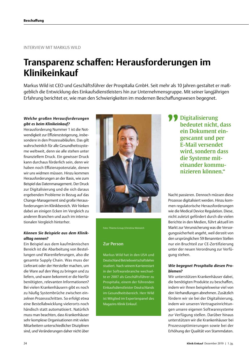 Vorschauseite 1: Interview mit Markus Wild: Transparenz schaffen: Herausforderungen im Klinikeinkauf