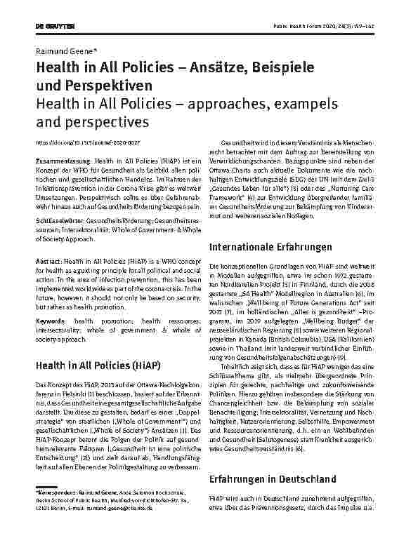 Vorschauseite 1: Health in All Policies – Ansätze, Beispiele und Perspektiven