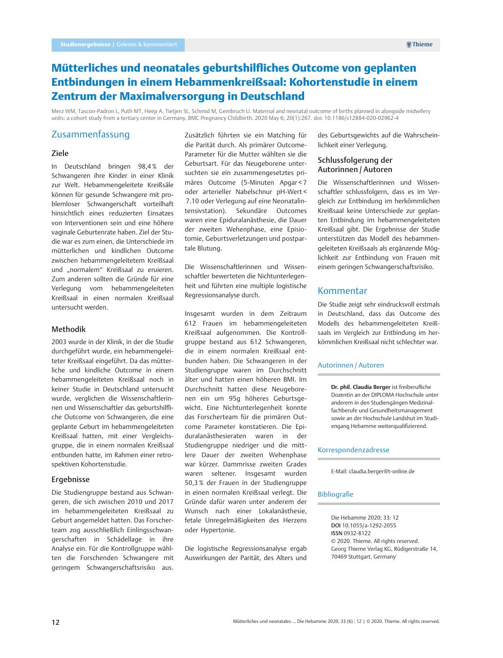 Vorschauseite 1: Mütterliches und neonatales geburtshilfliches Outcome von geplanten Entbindungen in einem Hebammenkreißsaal: Kohortenstudie in einem Zentrum der Maximalversorgung in Deutschland