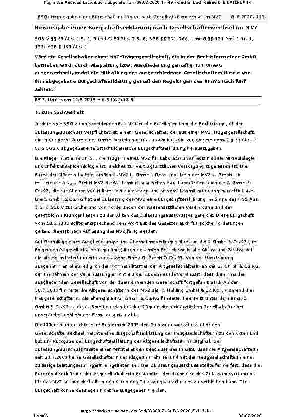 Vorschauseite 1: Herausgabe einer Bürgschaftserklärung nach Gesellschafterwechsel im MVZ SGB V §§ 69 Abs. 1 S. 1, 3 und 4, 95 Abs. 2 S. 6; BGB §§ 371, 766; UmwG §§ 131 Abs. 1 Nr. 1, 133; HGB § 160…