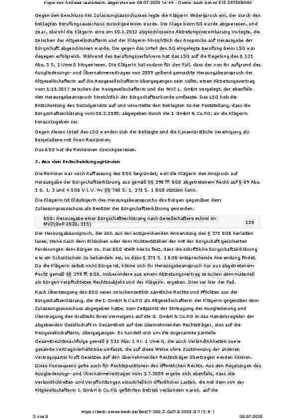 Vorschauseite 2: Herausgabe einer Bürgschaftserklärung nach Gesellschafterwechsel im MVZ SGB V §§ 69 Abs. 1 S. 1, 3 und 4, 95 Abs. 2 S. 6; BGB §§ 371, 766; UmwG §§ 131 Abs. 1 Nr. 1, 133; HGB § 160…