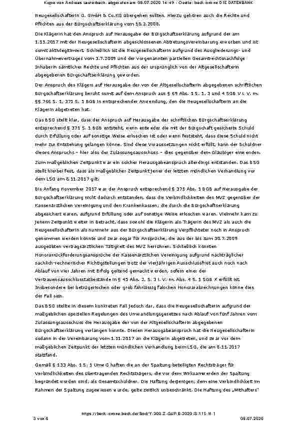 Vorschauseite 3: Herausgabe einer Bürgschaftserklärung nach Gesellschafterwechsel im MVZ SGB V §§ 69 Abs. 1 S. 1, 3 und 4, 95 Abs. 2 S. 6; BGB §§ 371, 766; UmwG §§ 131 Abs. 1 Nr. 1, 133; HGB § 160…