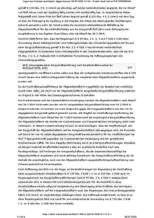 Vorschauseite 4: Herausgabe einer Bürgschaftserklärung nach Gesellschafterwechsel im MVZ SGB V §§ 69 Abs. 1 S. 1, 3 und 4, 95 Abs. 2 S. 6; BGB §§ 371, 766; UmwG §§ 131 Abs. 1 Nr. 1, 133; HGB § 160…