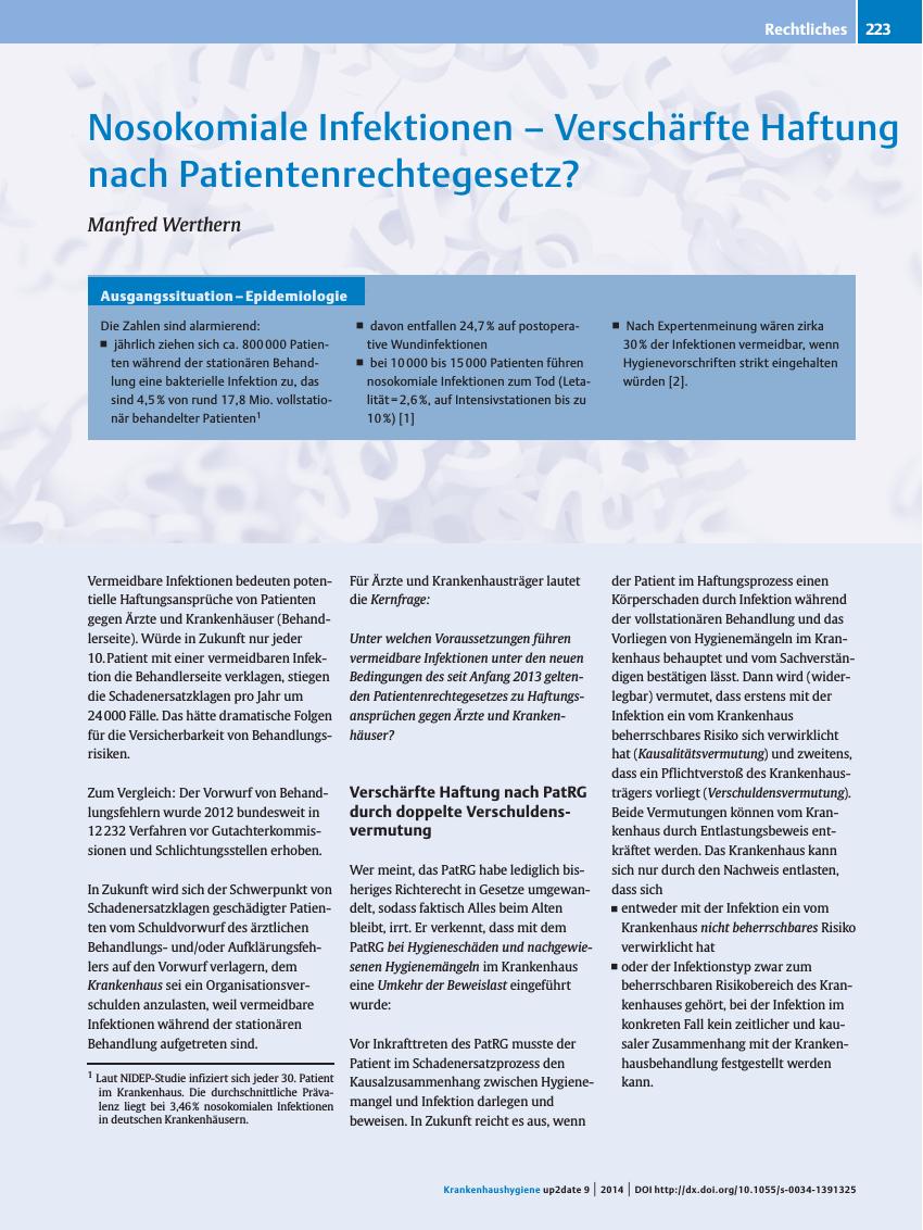 Vorschauseite 1: Nosokomiale Infektionen ? Verschärfte Haftung nach Patientenrechtegesetz?