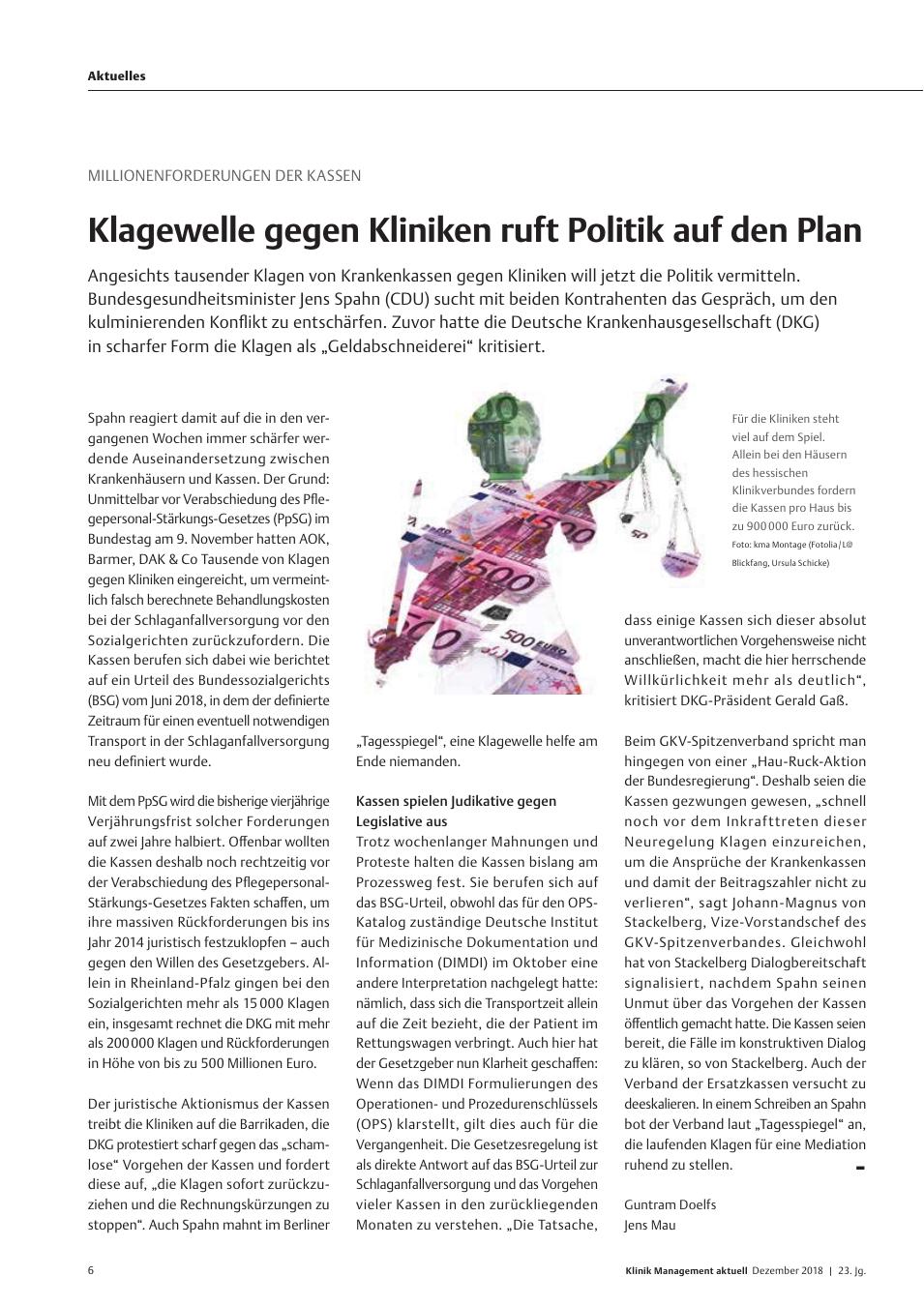 Vorschauseite 1: Millionenforderungen der Kassen: Klagewelle gegen Kliniken ruft Politik auf den Plan
