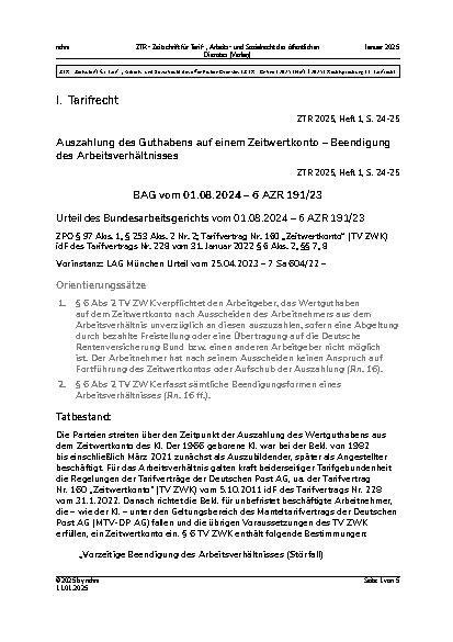 Vorschauseite 1: I. Tarifrecht Auszahlung des Guthabens auf einem Zeitwertkonto – Beendigung des Arbeitsverhältnisses