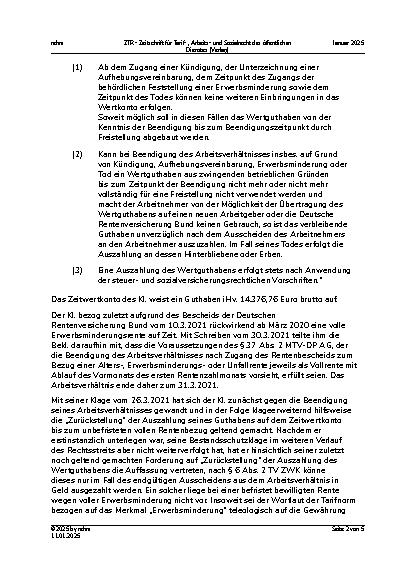 Vorschauseite 2: I. Tarifrecht Auszahlung des Guthabens auf einem Zeitwertkonto – Beendigung des Arbeitsverhältnisses