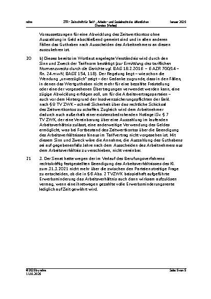 Vorschauseite 5: I. Tarifrecht Auszahlung des Guthabens auf einem Zeitwertkonto – Beendigung des Arbeitsverhältnisses