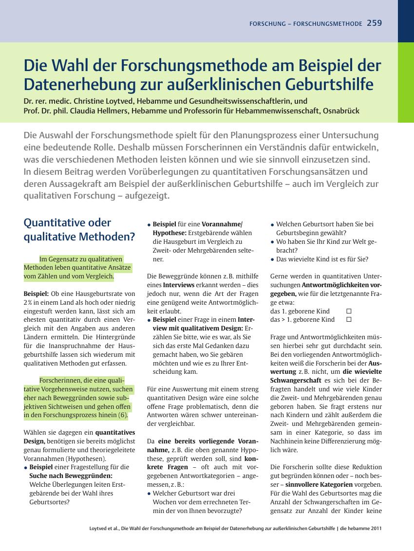Vorschauseite 1: Die Wahl der Forschungsmethode am Beispiel der Datenerhebung zur außerklinischen Geburtshilfe