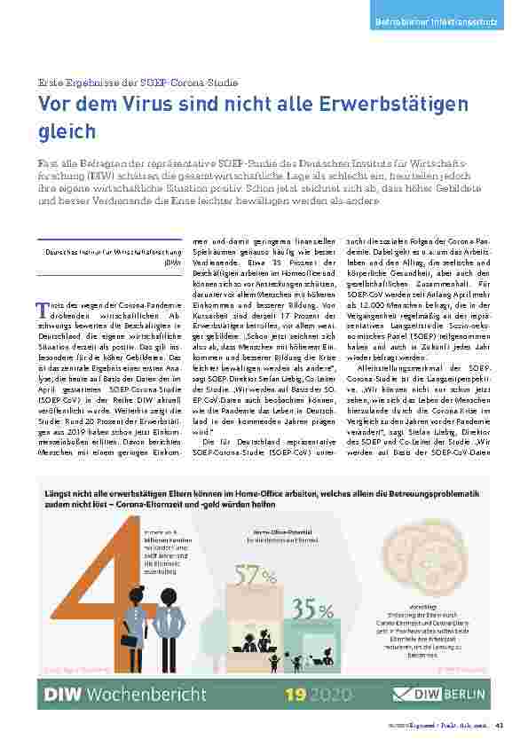 Vorschauseite 1: Erste Ergebnisse der SOEP-Corona-Studie: Vor dem Virus sind nicht alle Erwerbstätigen gleich.