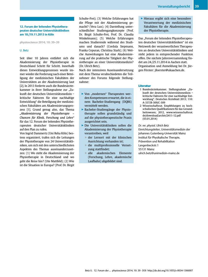 Vorschauseite 1: 12. Forum der leitenden Physiotherapeuten deutscher Universitätskliniken am 18./19.11.2013 in Köln