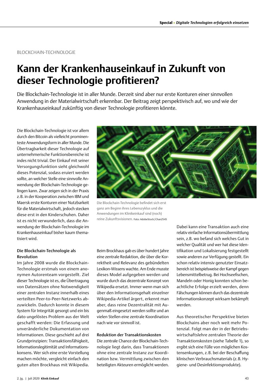 Vorschauseite 1: Blockchain-Technologie: Kann der Krankenhauseinkauf in Zukunft von dieser Technologie profitieren?