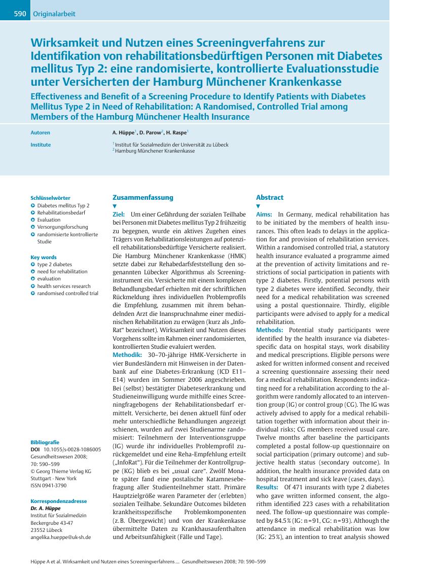 Vorschauseite 1: Wirksamkeit und Nutzen eines Screeningverfahrens zur Identifikation von rehabilitationsbedürftigen Personen mit Diabetes mellitus Typ 2: eine randomisierte, kontrollierte Evaluati…