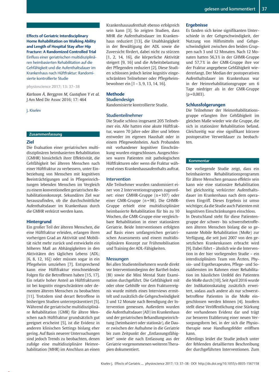 Vorschauseite 1: Effects of Geriatric Interdisciplinary Home Rehabilitation on Walking Ability and Length of Hospital Stay after Hip Fracture: A Randomized Controlled Trial