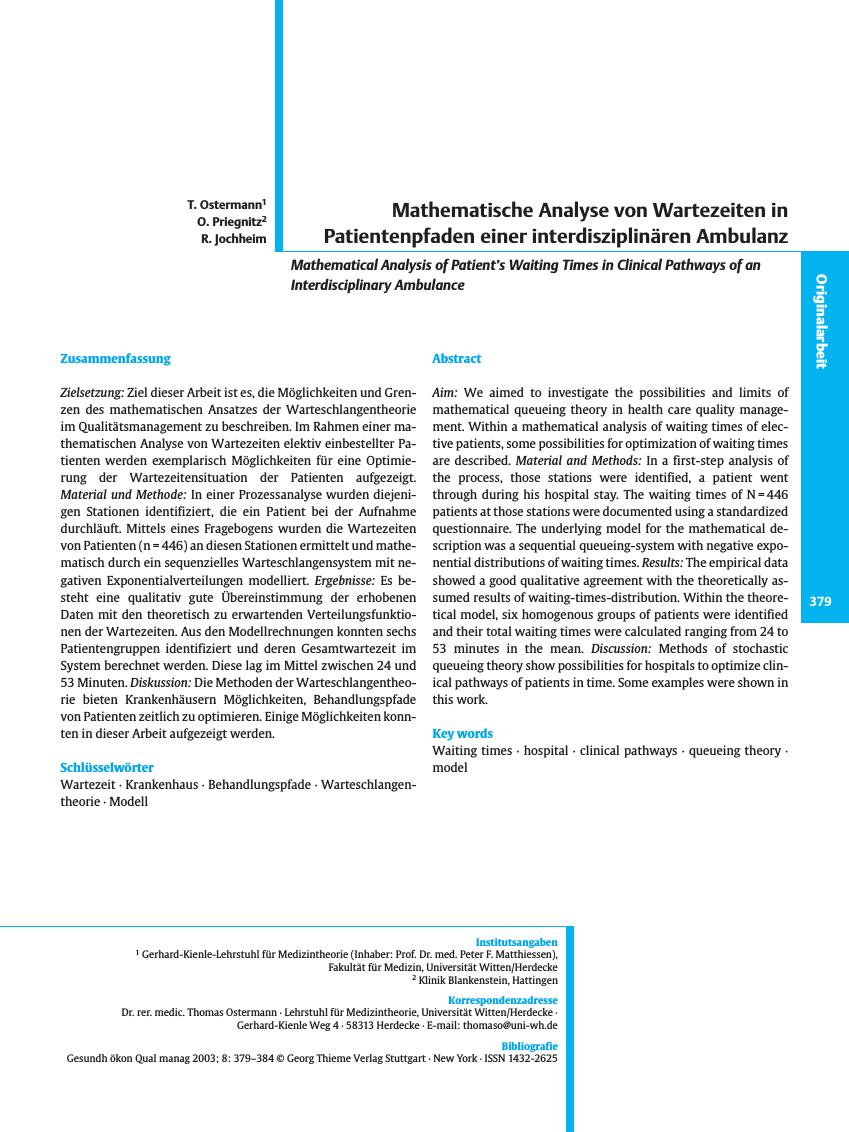 Vorschauseite 1: Mathematische Analyse von Wartezeiten in Patientenpfaden einer interdisziplinären Ambulanz
