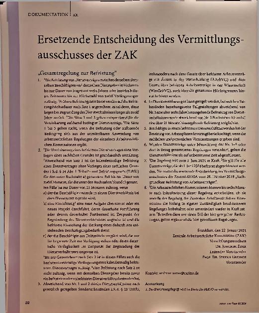 Vorschauseite 1: Ersetzende Entscheidung des Vermittlungsausschusses der ZAK