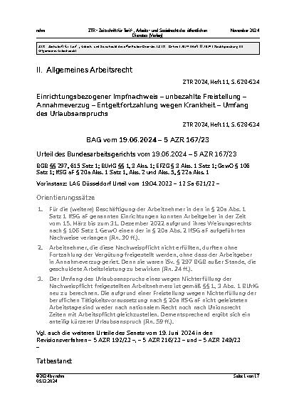 Vorschauseite 1: II. Allgemeines Arbeitsrecht Einrichtungsbezogener Impfnachweis – unbezahlte Freistellung – Annahmeverzug – Entgeltfortzahlung wegen Krankheit – Umfang des Urlaubsanspruchs