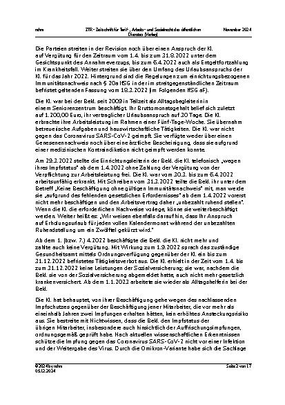 Vorschauseite 2: II. Allgemeines Arbeitsrecht Einrichtungsbezogener Impfnachweis – unbezahlte Freistellung – Annahmeverzug – Entgeltfortzahlung wegen Krankheit – Umfang des Urlaubsanspruchs