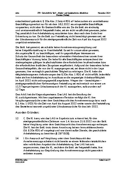 Vorschauseite 3: II. Allgemeines Arbeitsrecht Einrichtungsbezogener Impfnachweis – unbezahlte Freistellung – Annahmeverzug – Entgeltfortzahlung wegen Krankheit – Umfang des Urlaubsanspruchs