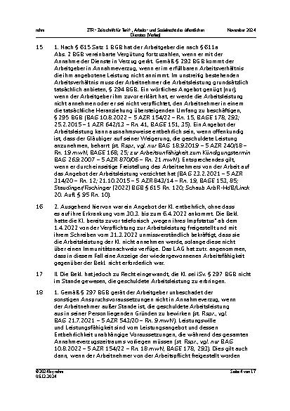 Vorschauseite 4: II. Allgemeines Arbeitsrecht Einrichtungsbezogener Impfnachweis – unbezahlte Freistellung – Annahmeverzug – Entgeltfortzahlung wegen Krankheit – Umfang des Urlaubsanspruchs