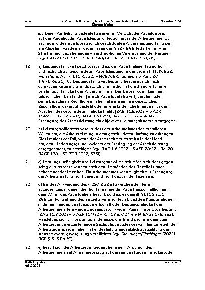 Vorschauseite 5: II. Allgemeines Arbeitsrecht Einrichtungsbezogener Impfnachweis – unbezahlte Freistellung – Annahmeverzug – Entgeltfortzahlung wegen Krankheit – Umfang des Urlaubsanspruchs