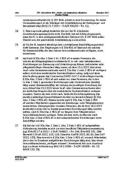 Vorschauseite 6: II. Allgemeines Arbeitsrecht Einrichtungsbezogener Impfnachweis – unbezahlte Freistellung – Annahmeverzug – Entgeltfortzahlung wegen Krankheit – Umfang des Urlaubsanspruchs